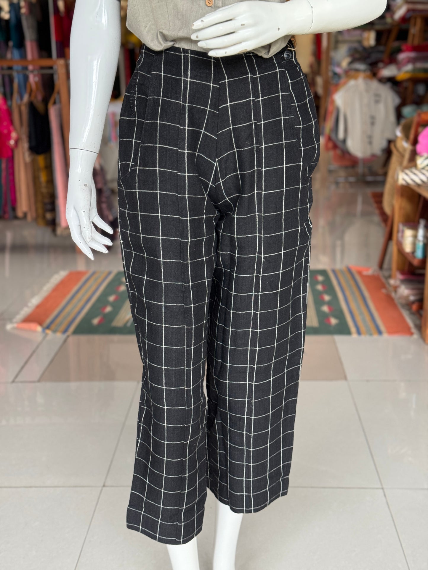 Black checks handwoven linen trousers for women