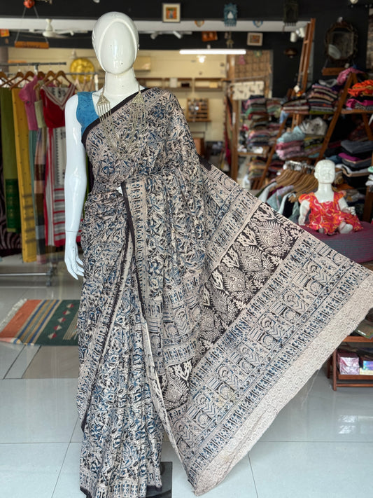 Kalamkari hand block printed, natural dyed cotton saree - colors and designs available