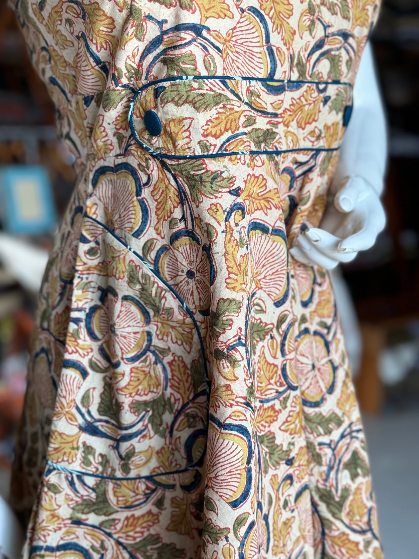 Beige floral hand block printed Kalamkari cotton dress with pocket detailing