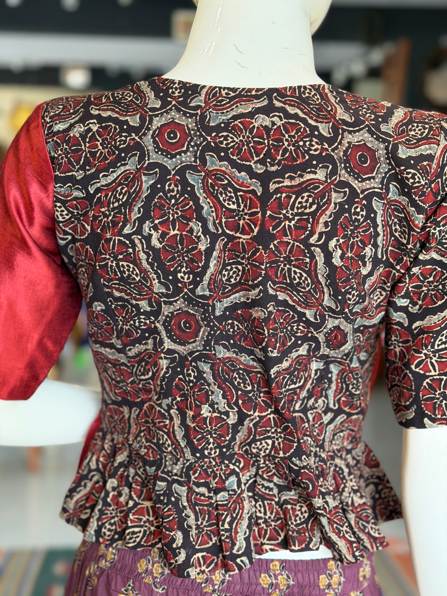 Black Ajrakh handblock printed elbow sleeved blouse with maroon mashru - peplum style crop top / blouse