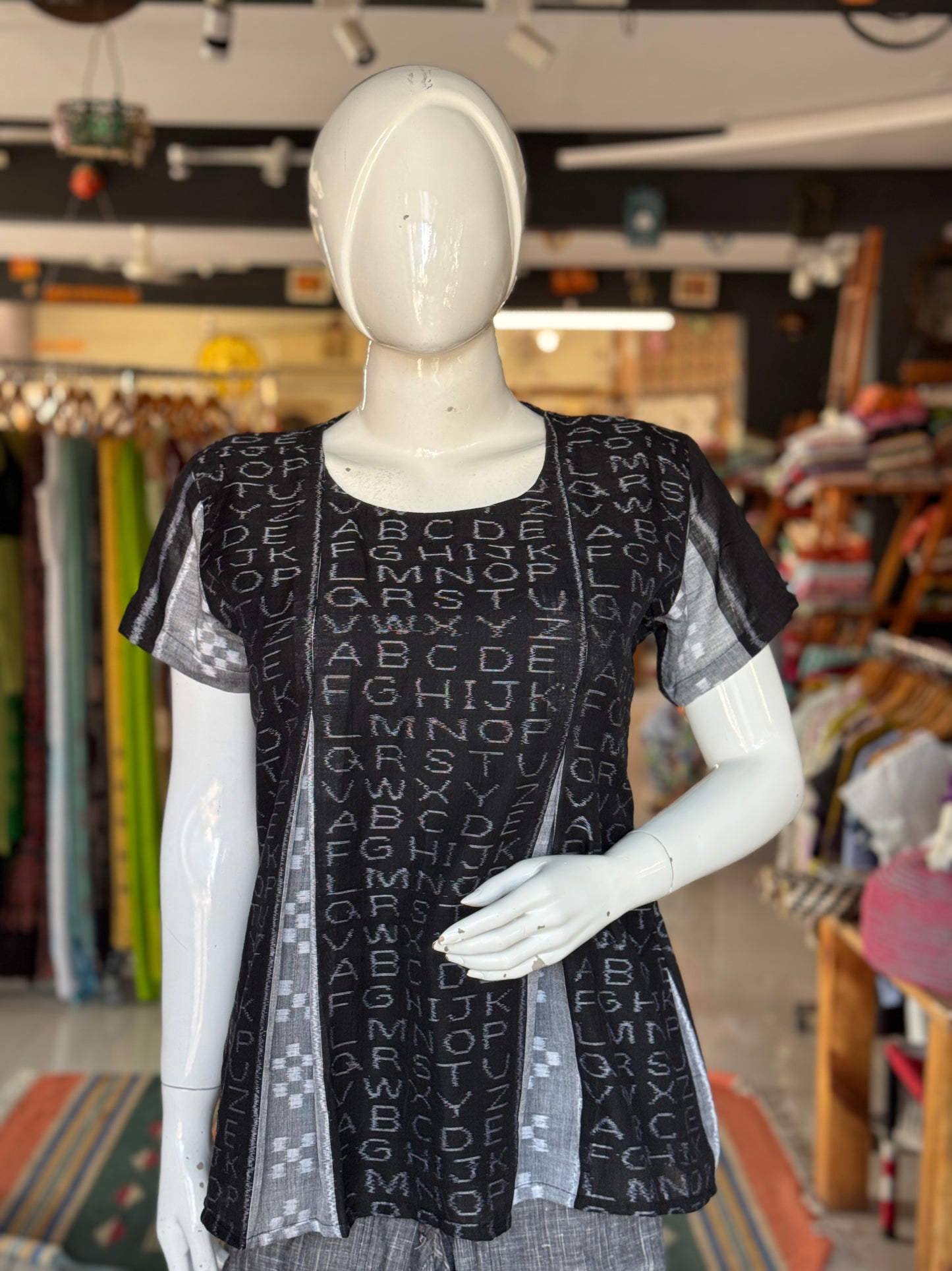 Alphabet design handcrafted ikat cotton handloom top - black and grey, pleated top
