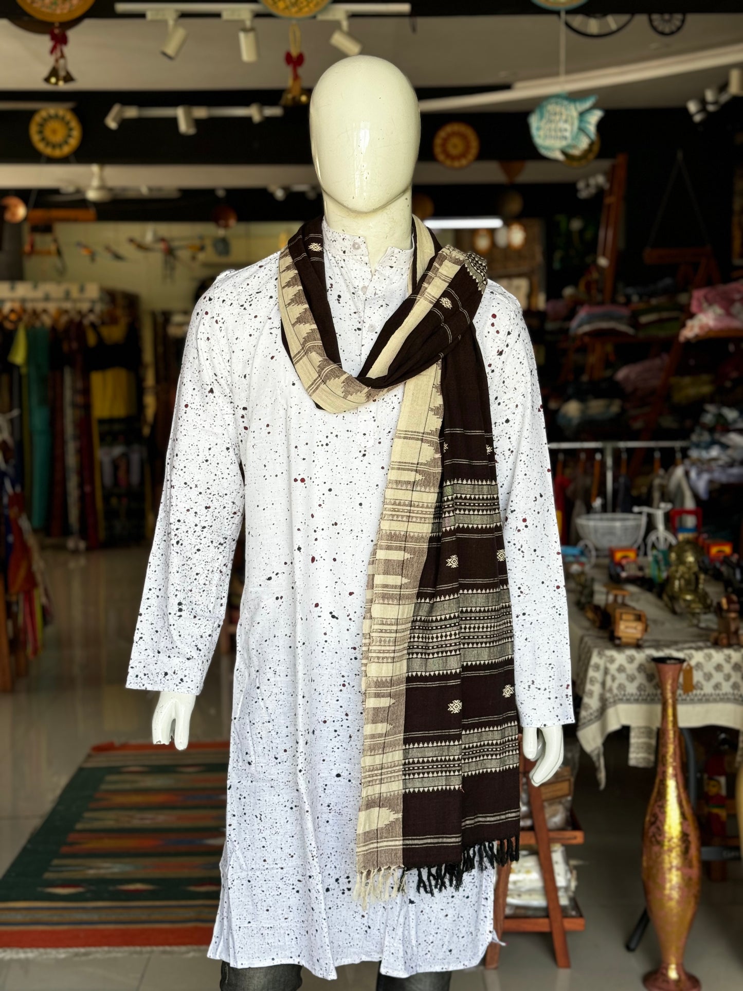 White handloom cotton long kurta with contemporary spray paint style hand block print