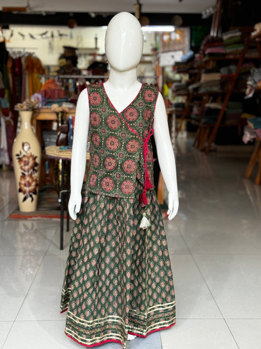 Dark green angrakha style cotton top and gota border lehenga set for girls