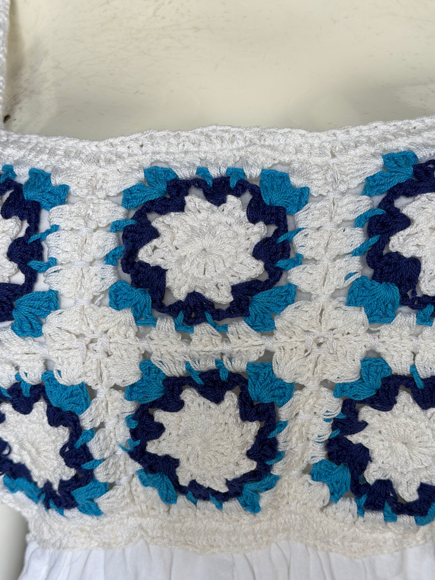 White crochet frock with granny squares yoke for teen girls / adults - adjustable back