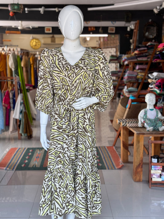 Moss Georgette grey green animal print dress with belt