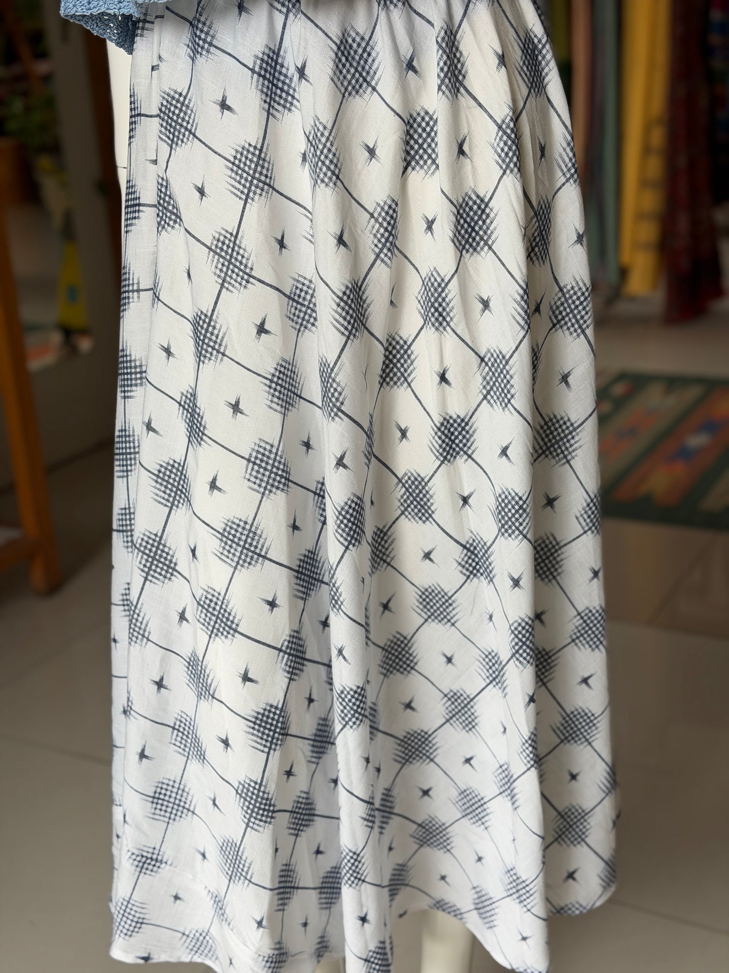 White and blue rayon free sized, flowy umbrella skirt