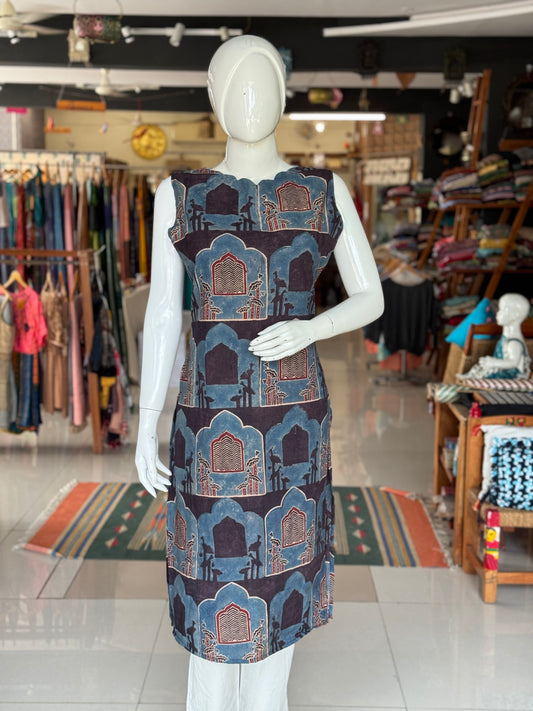 Jharokhas design Indigo Ajrakh hand block printed cotton sleeveless straight kurti
