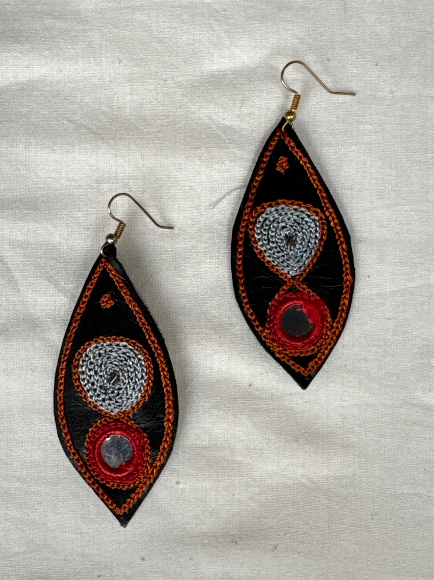 Leather with hand embroidery light weight earrings - shapes, designs and color choice available