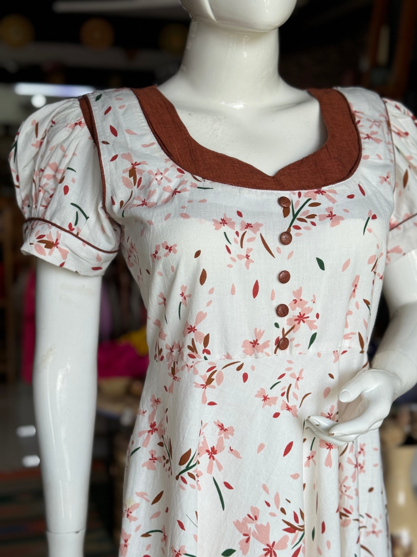 White floral printed handwoven cotton dress in vintage look