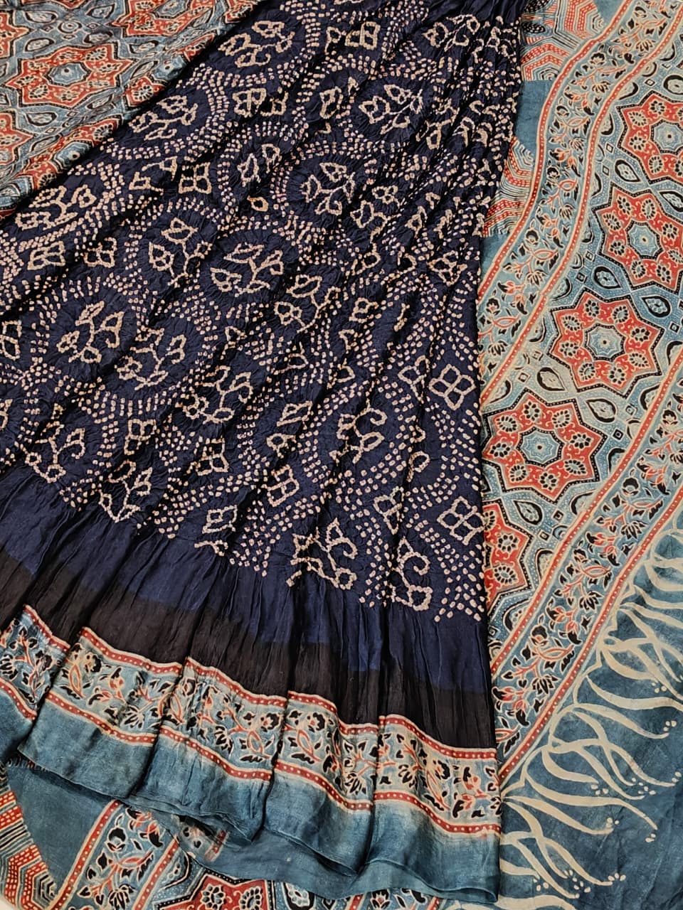 Bandini, Ajrakh silk saree - natural dyed, hand block printed Ajrakh paired with with fine Bandini on soft Gajji silk