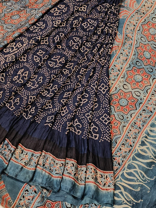 Bandini, Ajrakh silk saree - natural dyed, hand block printed Ajrakh paired with with fine Bandini on soft Gajji silk