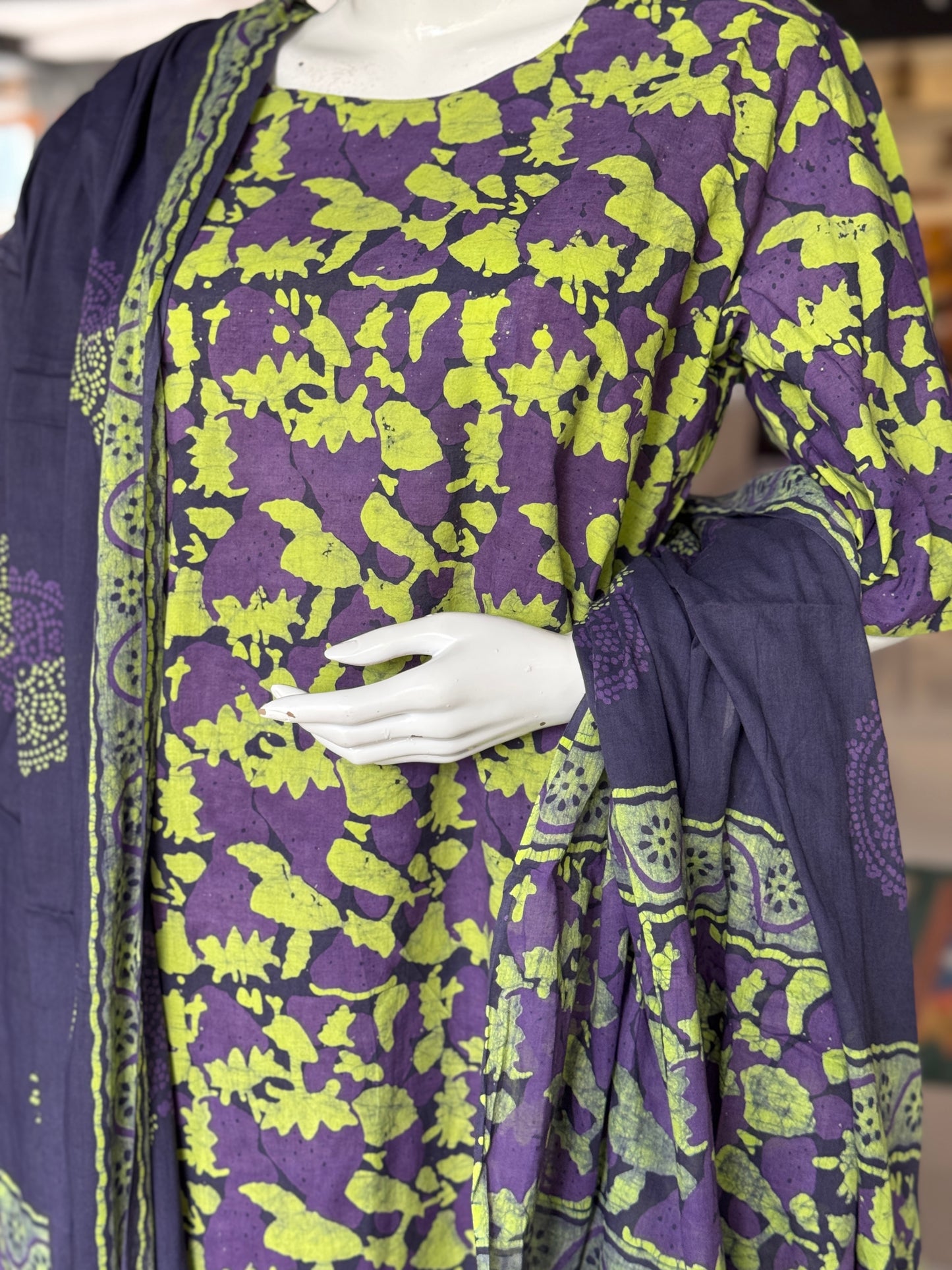 Violet n green batik cotton straight kurta, dupatta and pants -  3 piece suit set