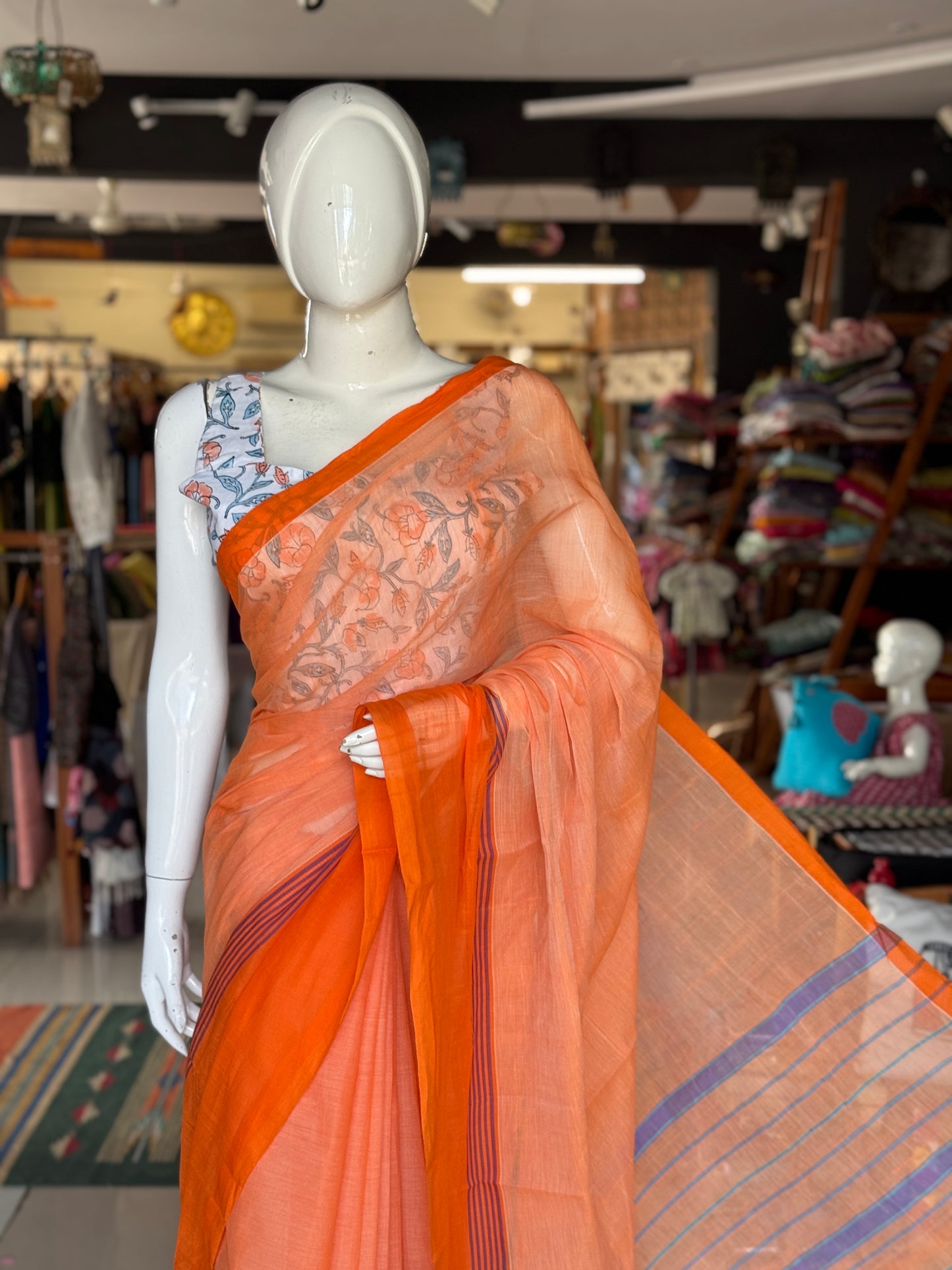 Orange plain cotton saree with stripes wide border light weight soft handloom Bobbili cotton saree