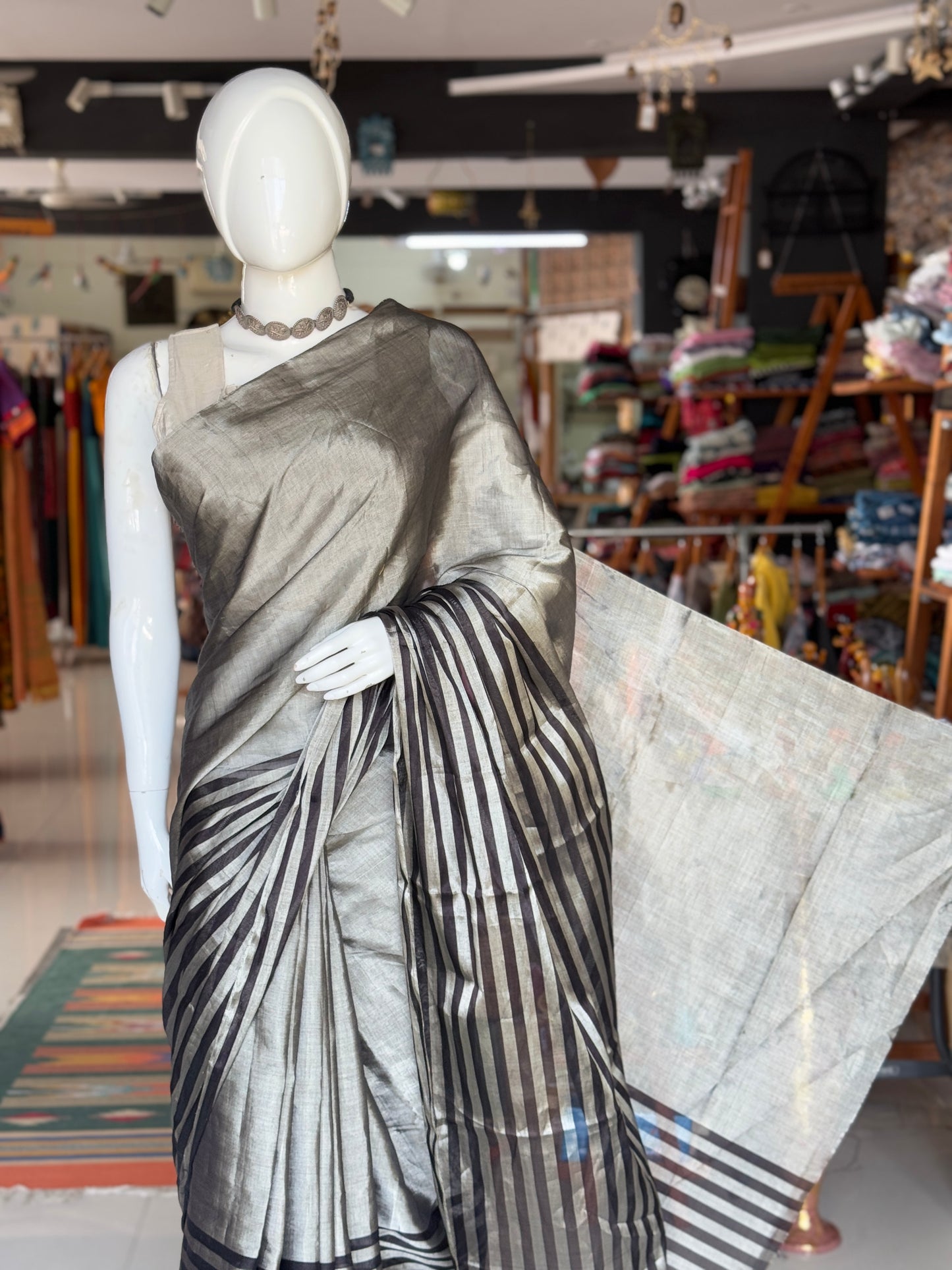 Black and silver stripes hand loom chanderi tissue yardage saree