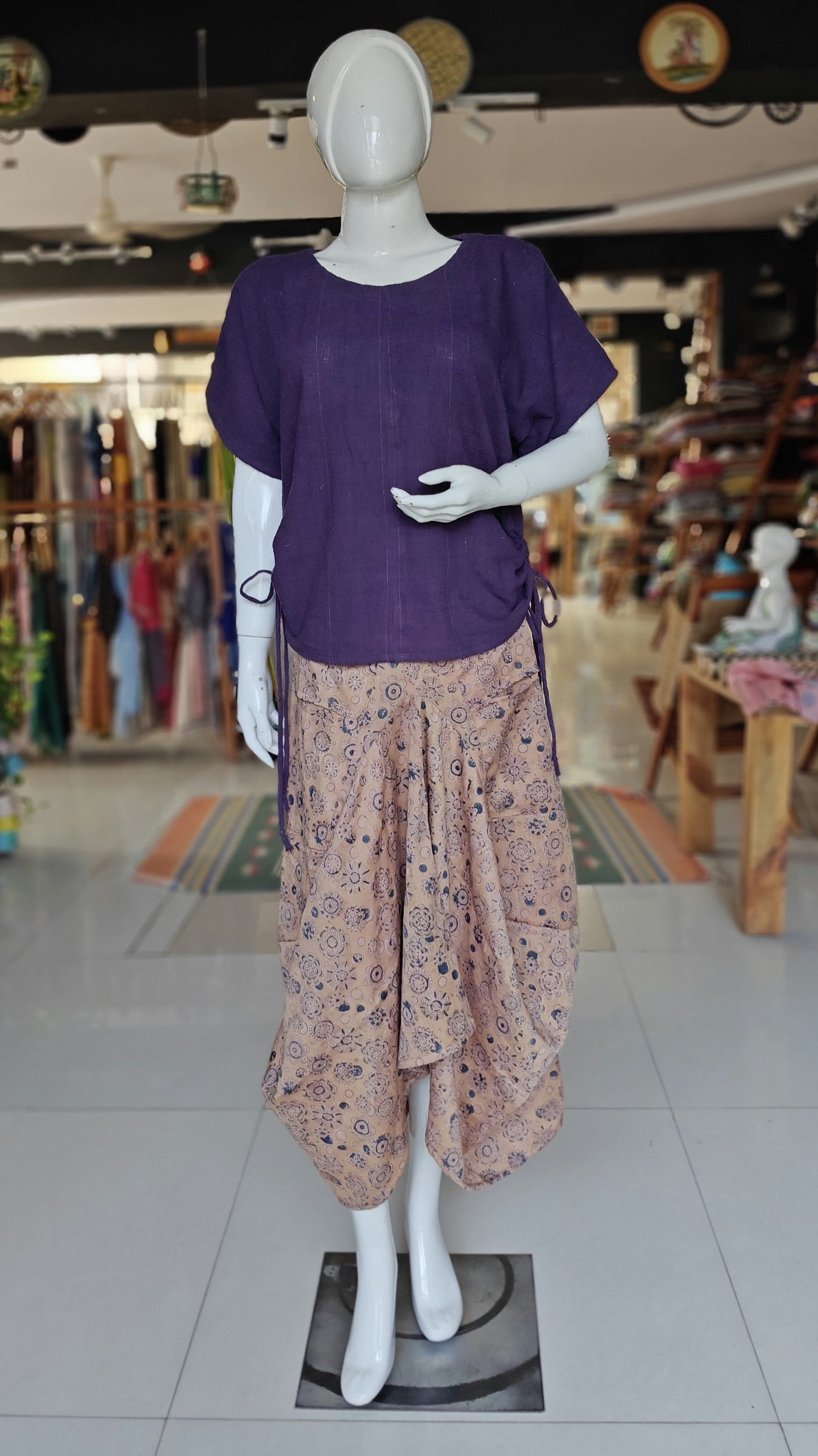 Beige with blue floral Kalamkari hand block printed cotton satin designer cowl skirt - with pockets