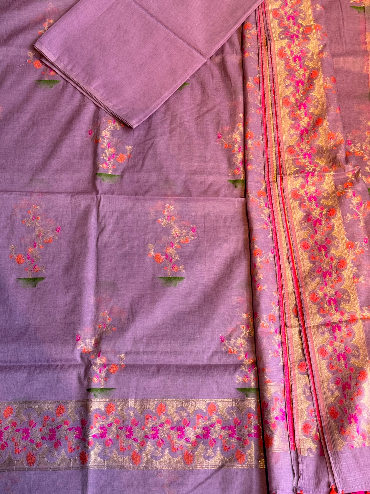 Lavender Banarasi cotton 3 piece unstitched suit set with floral patterns