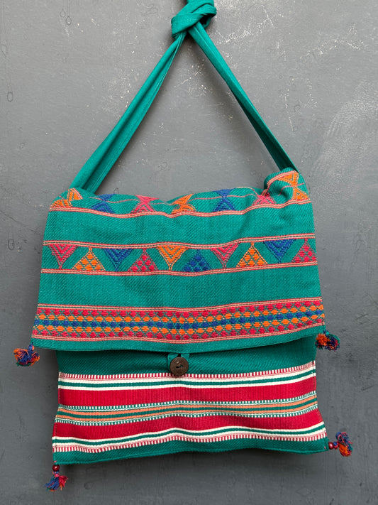 Turquoise cotton handloom bag with flap closure