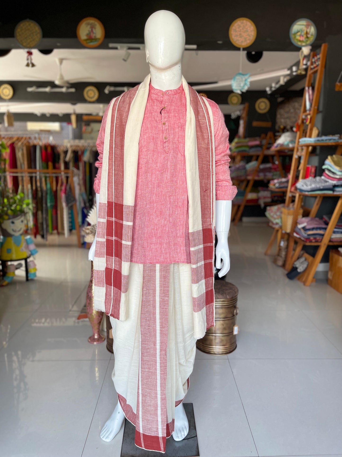 Offwhite hand spun, hand woven, natural dyed cotton pancha kanduva set (dhoti + angavastram)