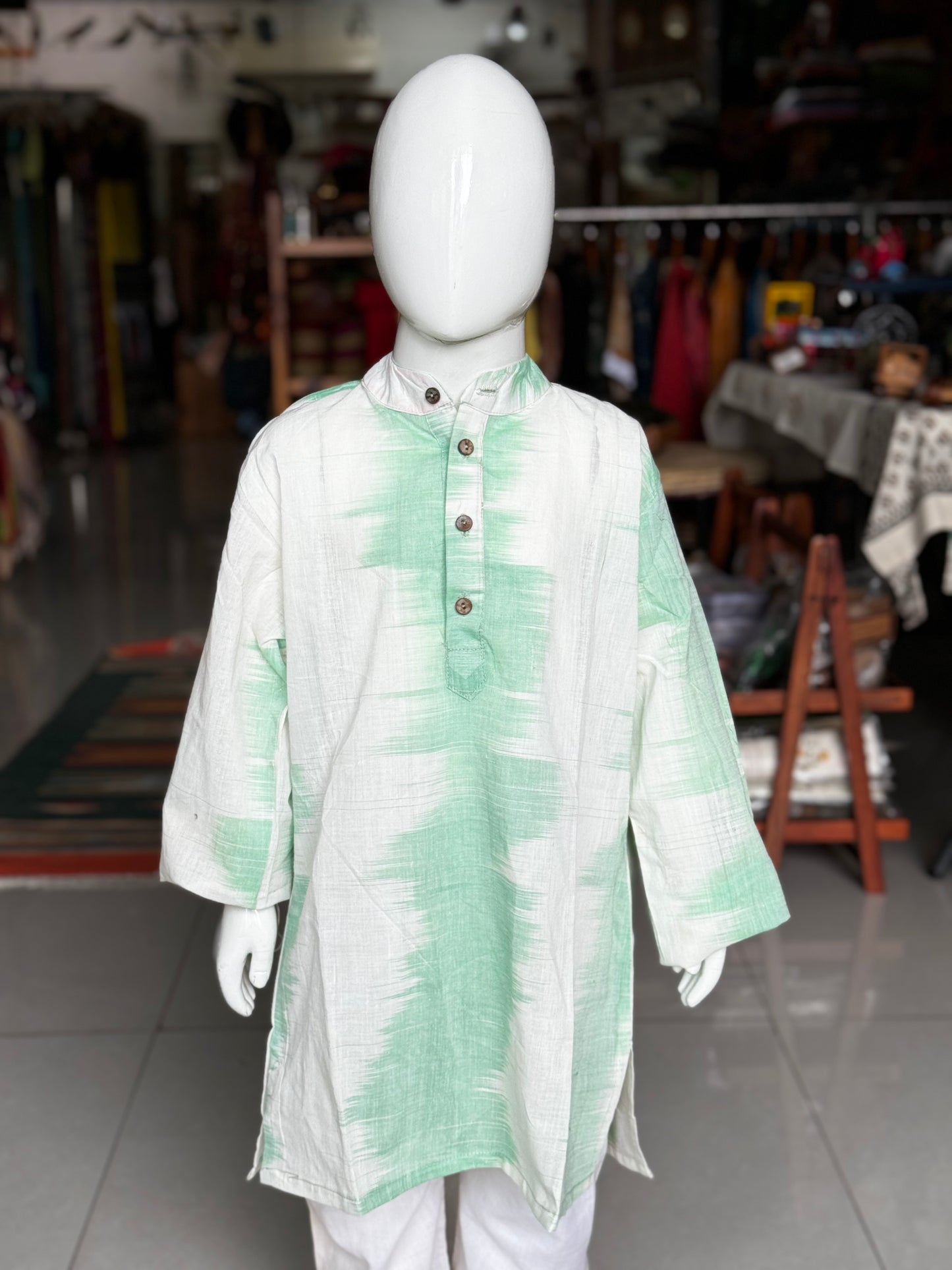 White and green cotton handwoven long kurta for boys with side placket