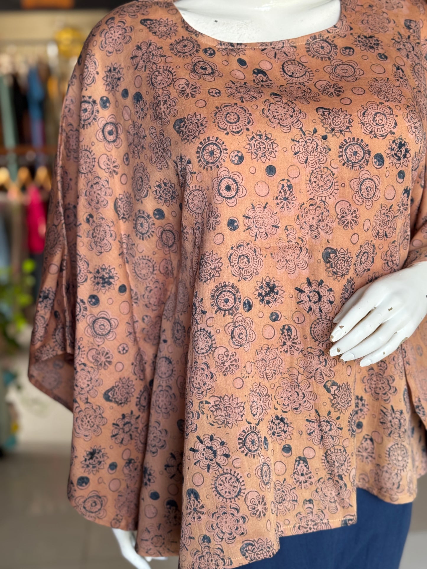 Blue flowers n circles on beige cape top - hand block printed, natural dyed, Kalamkari satin cotton top