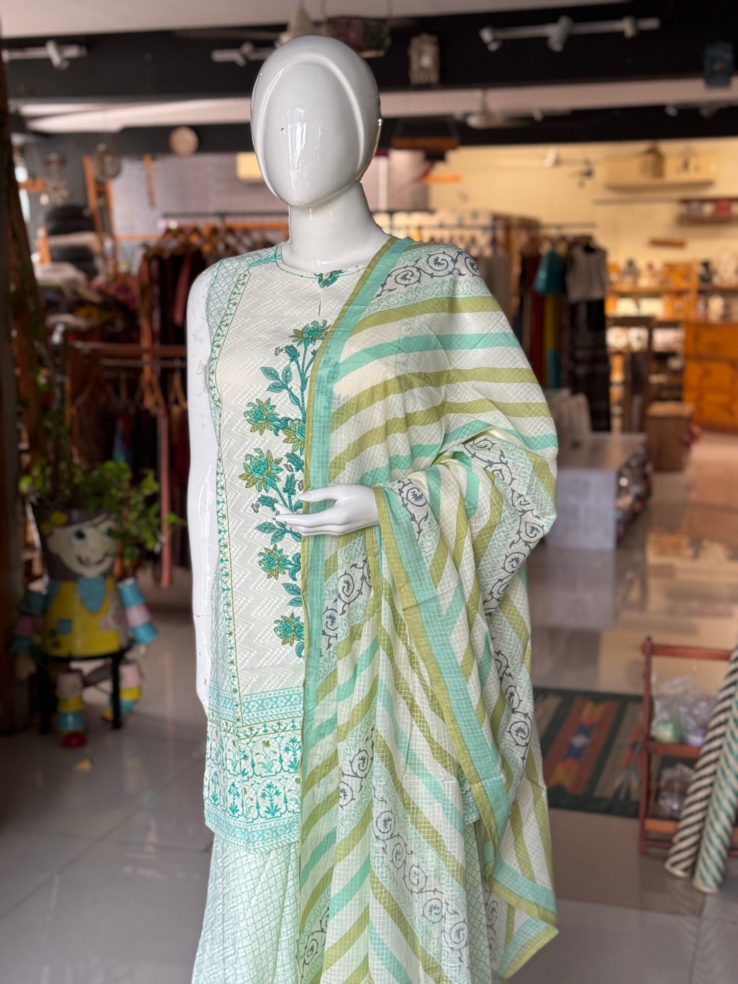 Green n white cotton short kurti, sharara pants and dupatta - 3 piece hand block printed set