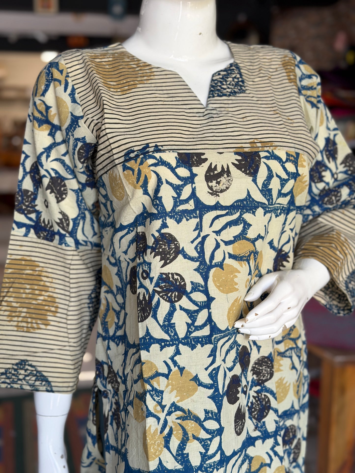 Off white and indigo stripes and flowers hand block printed cotton short top