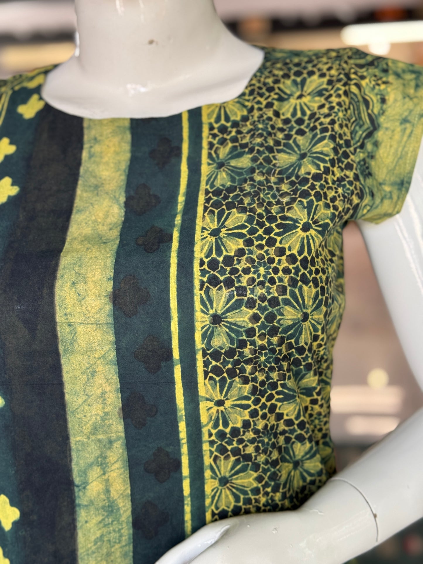Green and yellow Ajrakh hand block printed cotton straight kurti with diamond pattern