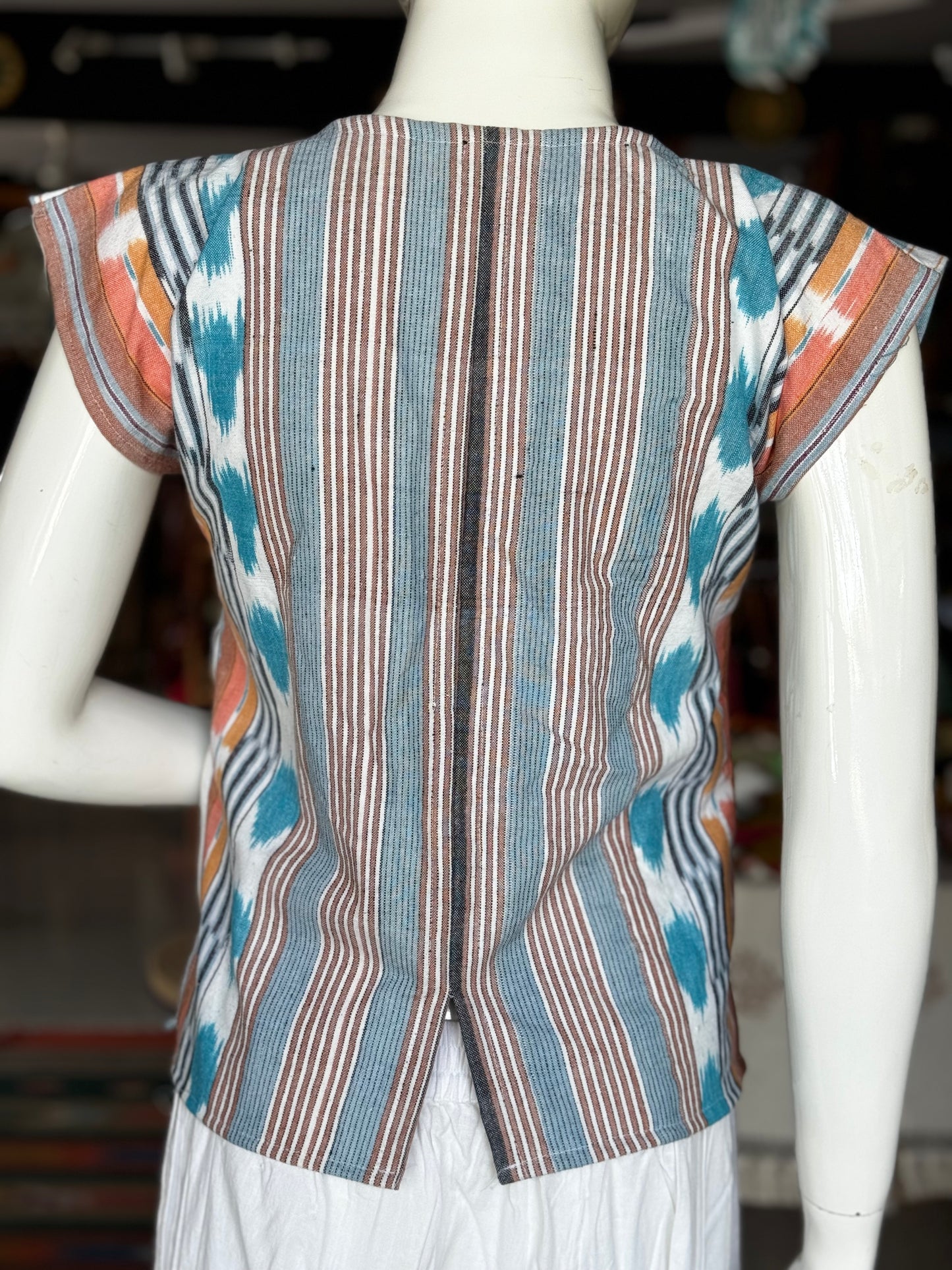 White and blue ikat weave relaxed fit handloom cotton top