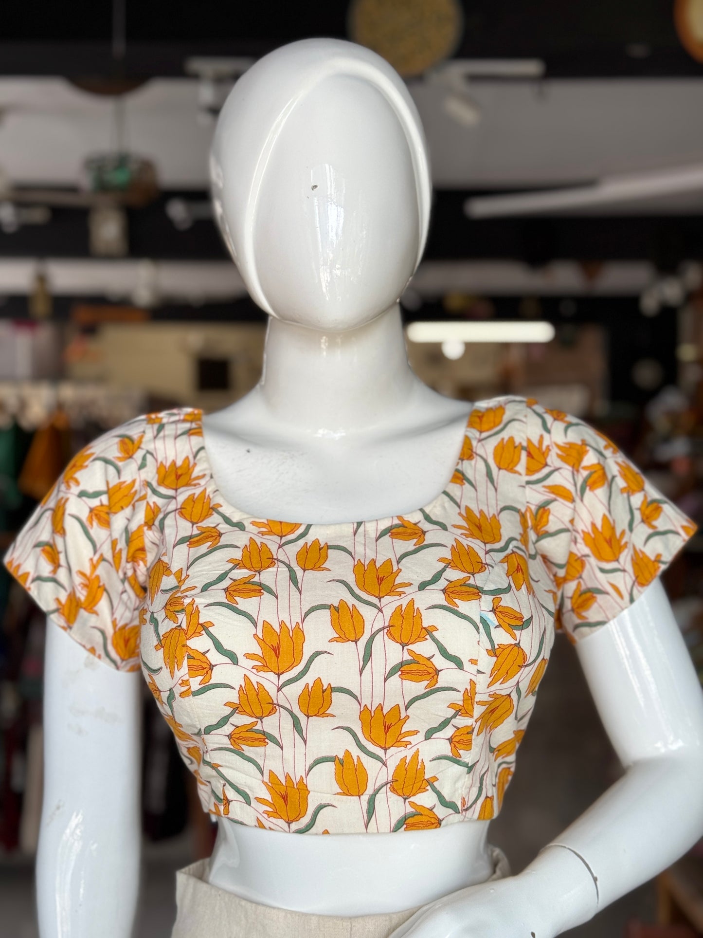Mustard floral handwoven cotton short sleeves blouse