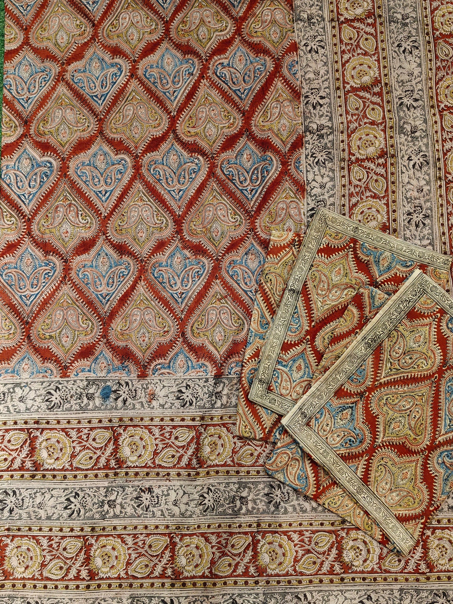 Maroon paisley design Kalamkari hand block printed smooth satin cotton king size bedsheet + 2 pillow covers