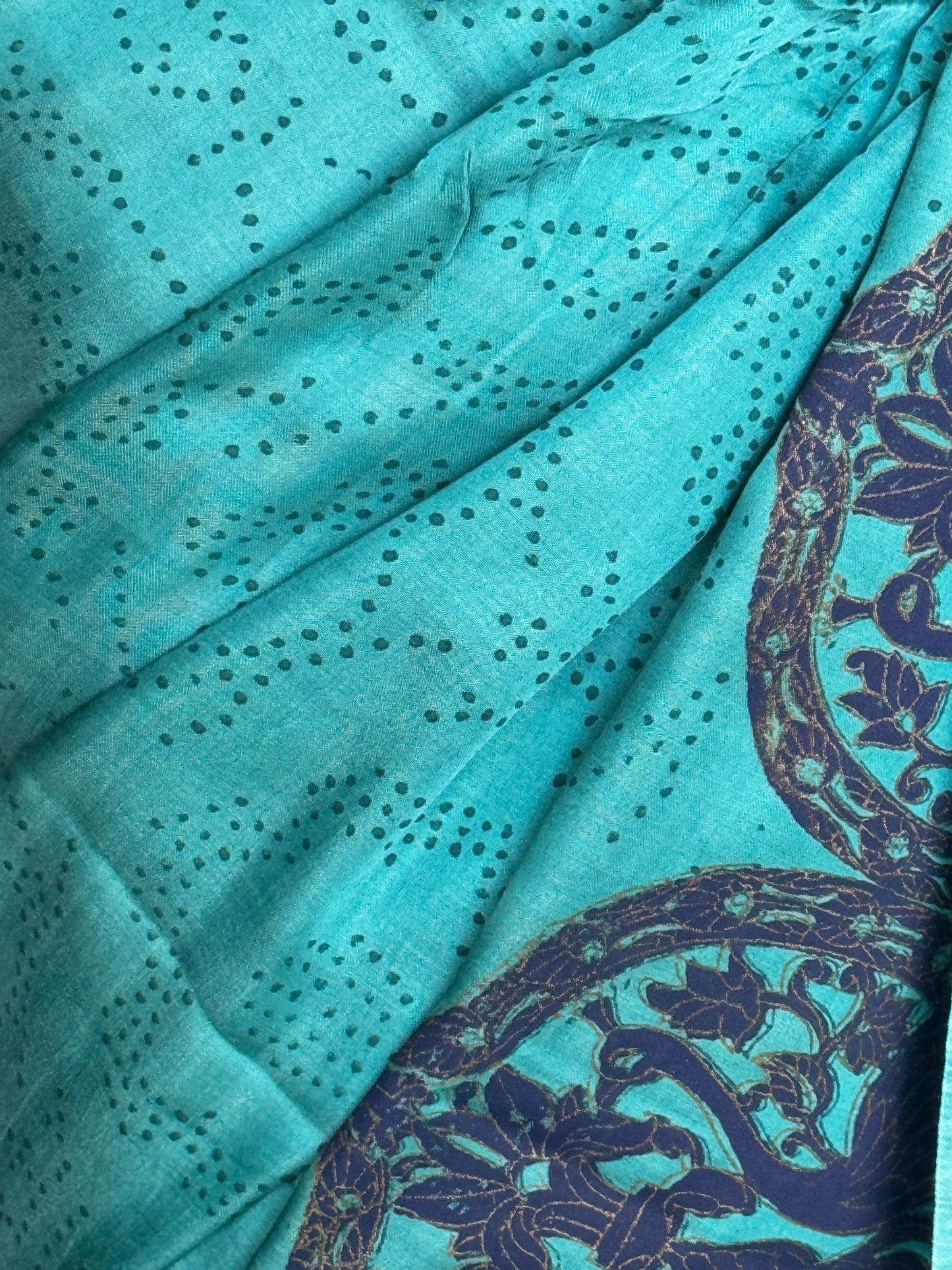 Turquoise hand block print designer modal saree