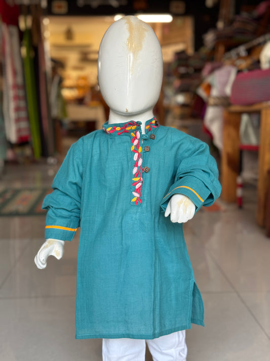 Turquoise cotton embroidered short kurta for boys