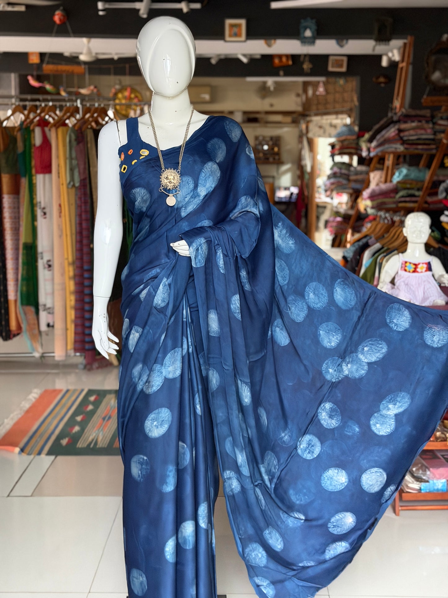Indigo hazy circles print soft modal yardage saree / fabric - handcrafted