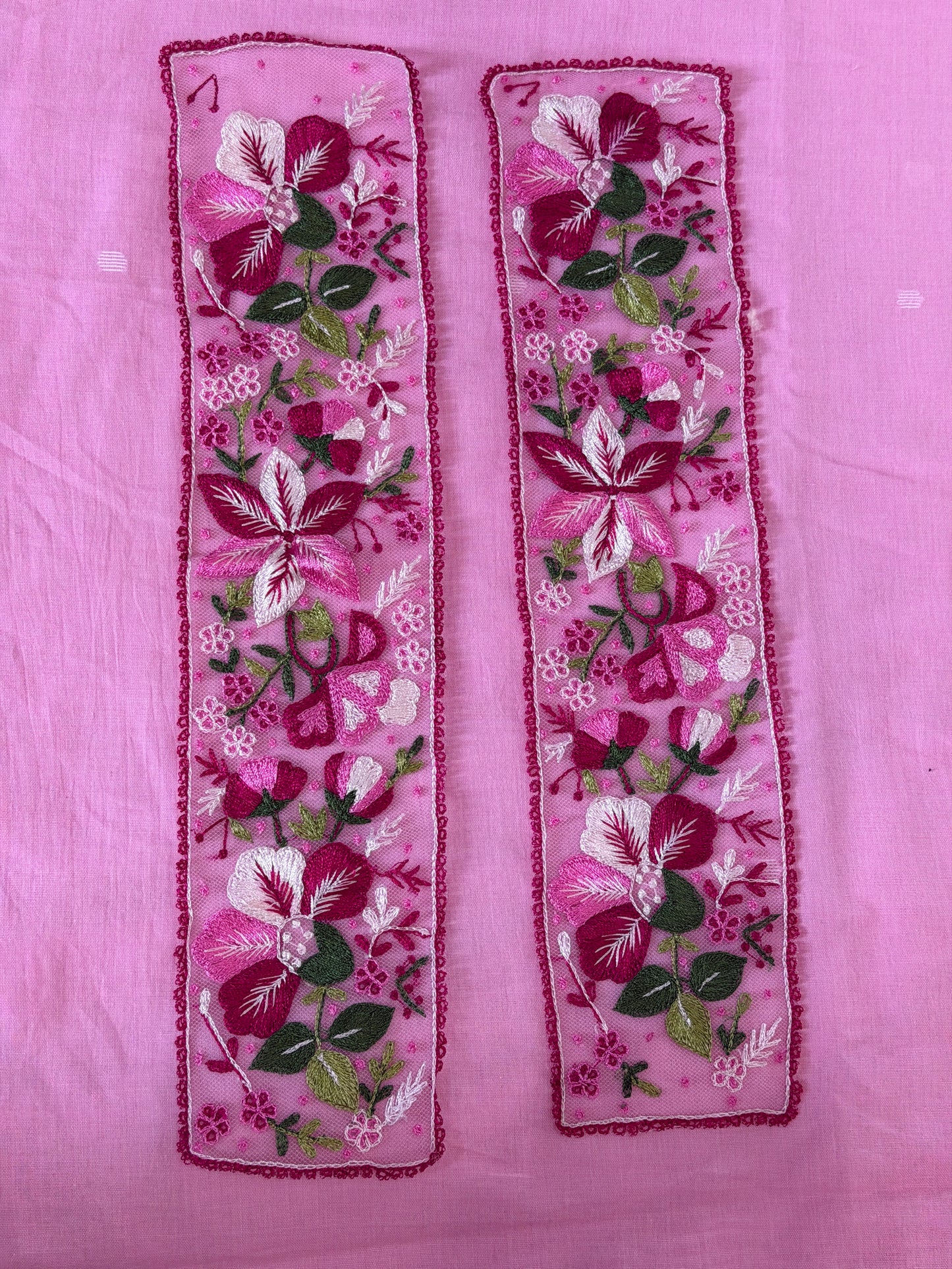 Pink flowers and leaves embroidered patch border on light pink net base