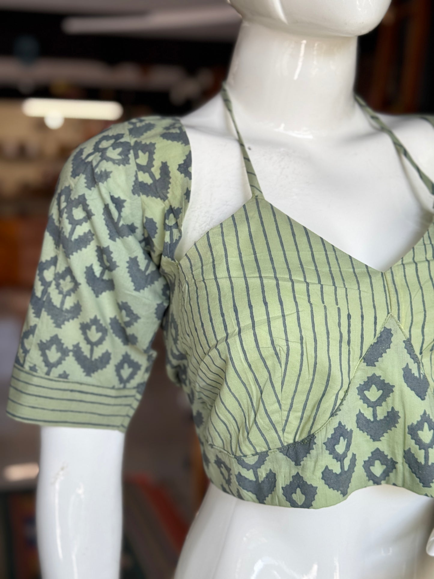 Green hand block printed fancy double blouse style cotton designer blouse