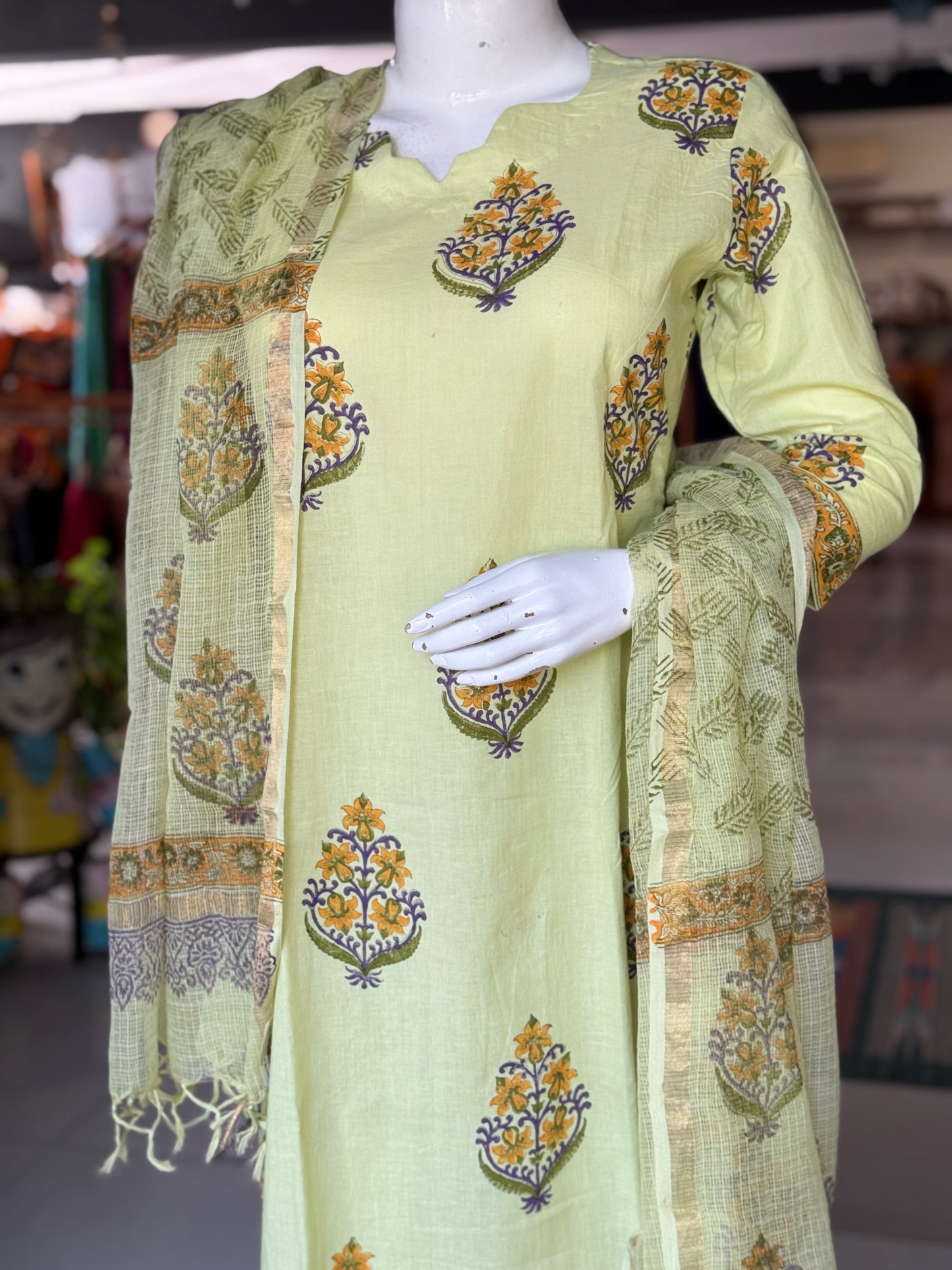 Light green hand block printed cotton 3 piece suit set with kota doria dupatta