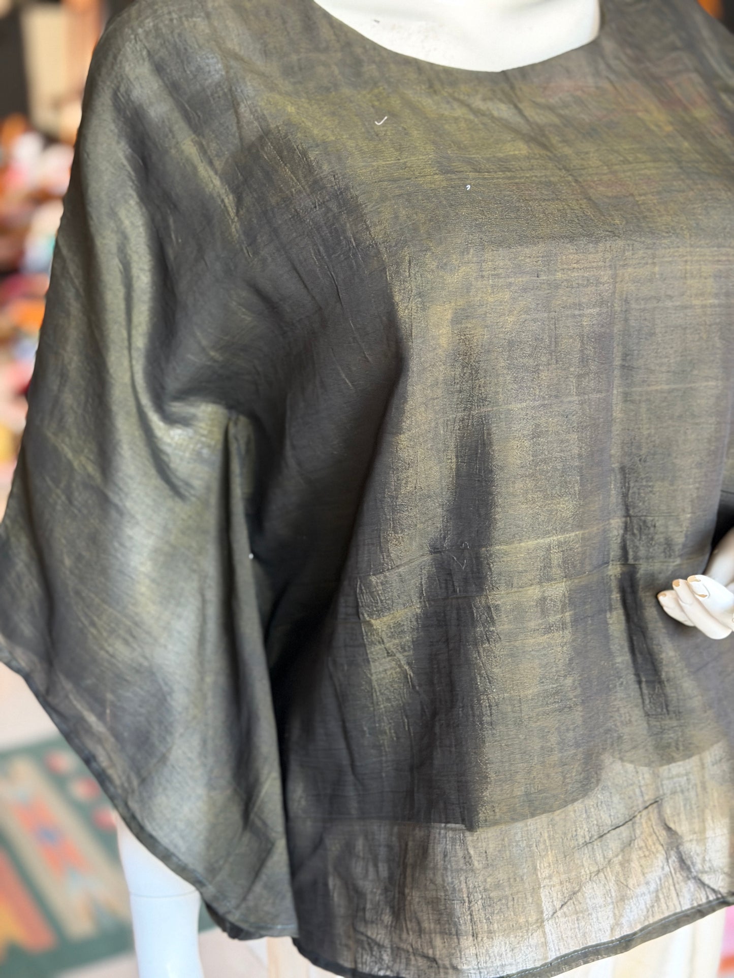 Moss green handwoven silk cotton top with fancy sleeves