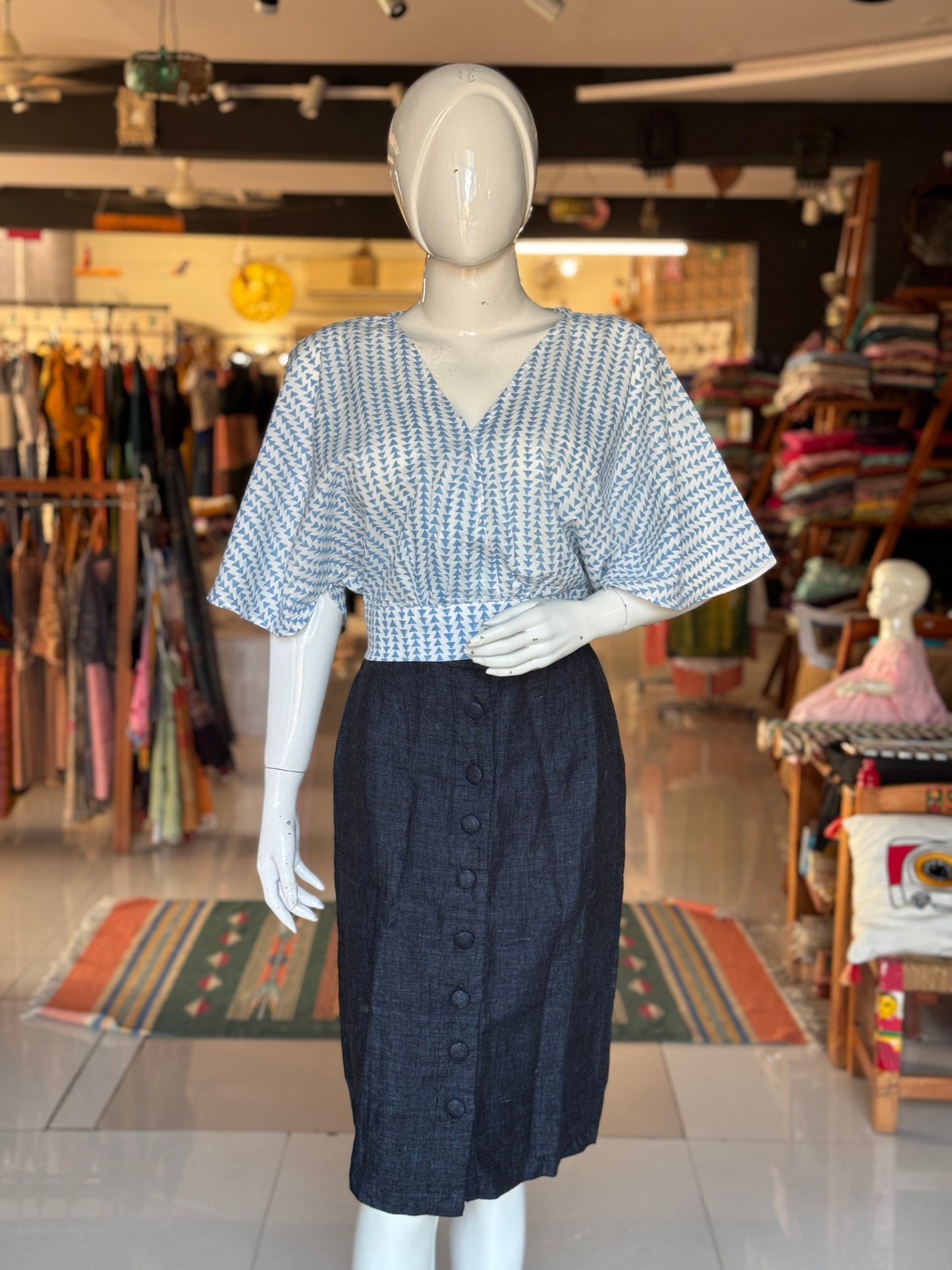 White n blue hand block printed cotton crop top with bat wing sleeves