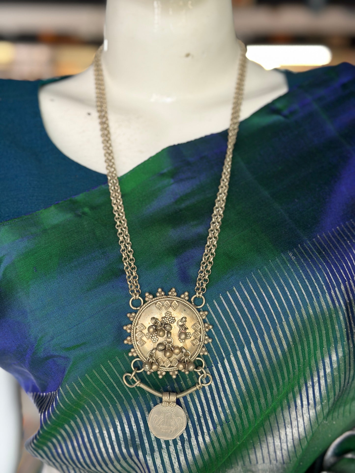Circular pendant with ghungroos and 1 rupee coin handcrafted necklace