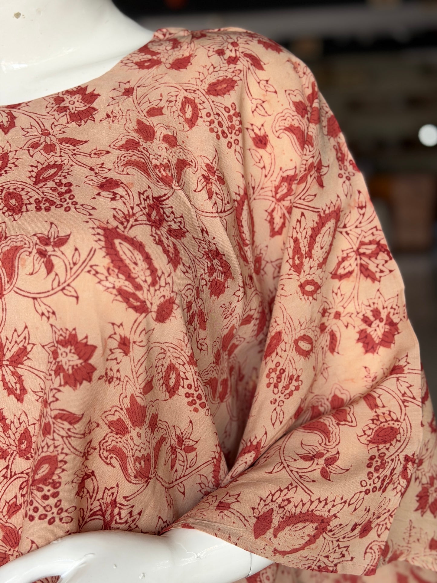 Rust flowers beige cape top - hand block printed, natural dyed, Kalamkari satin cotton top