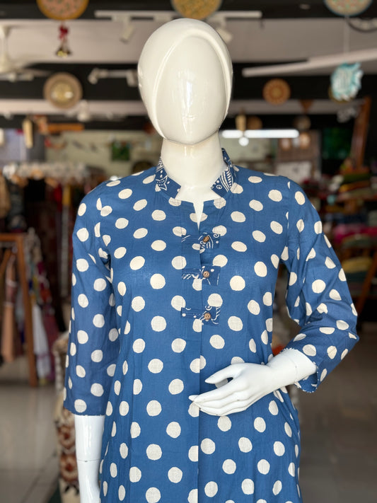 Indigo polka dots hand block printed cotton kurti with patch buttons