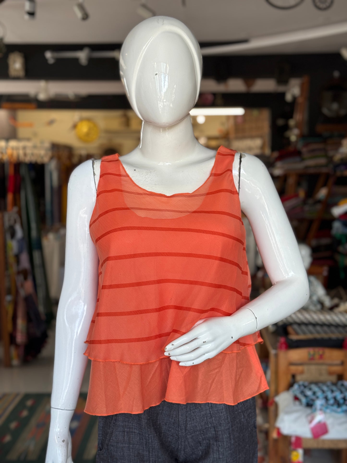 Orange stripes georgette sleeveless layered top