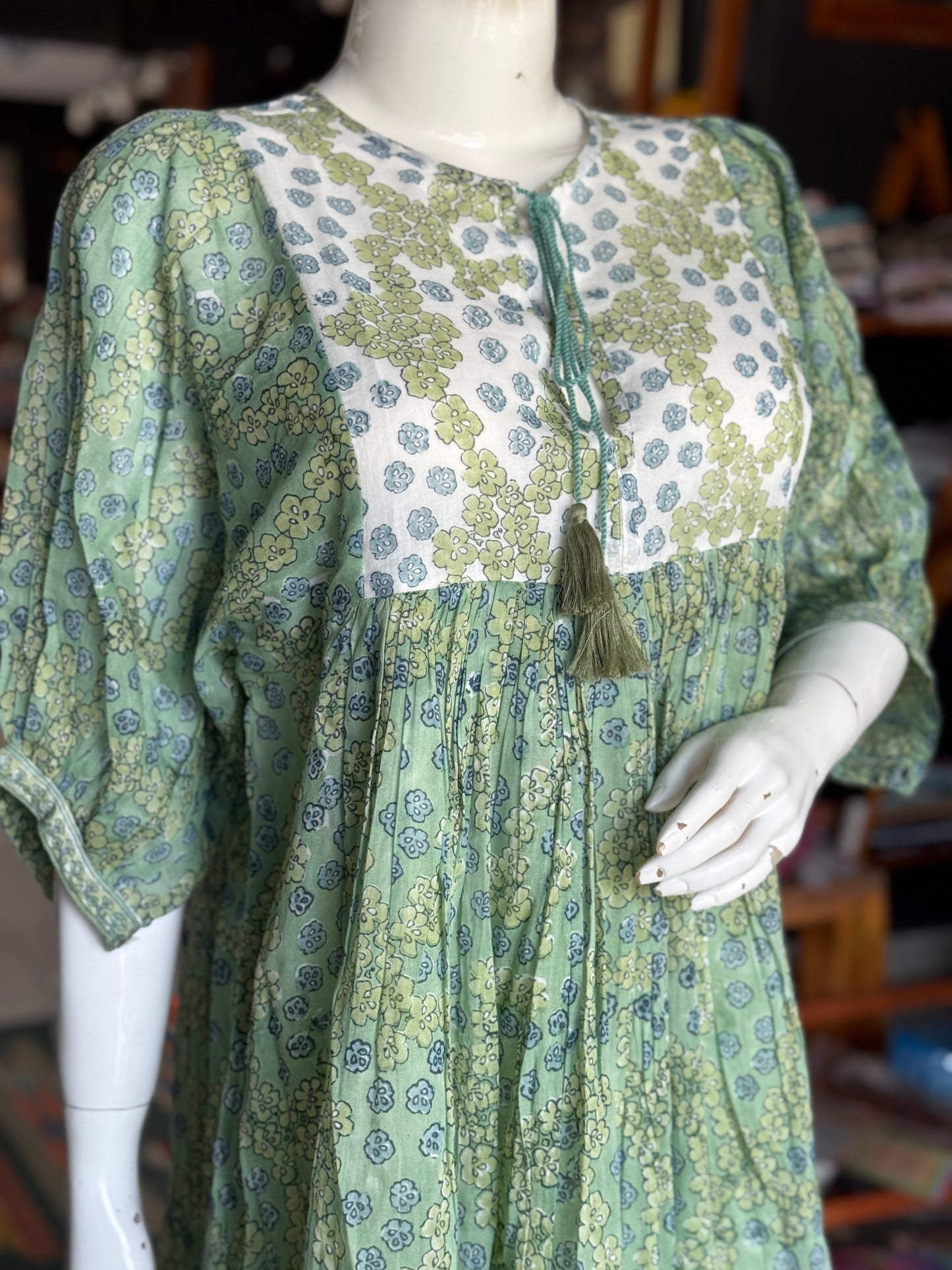 Green and white hand block printed soft cotton dress with fancy sleeves