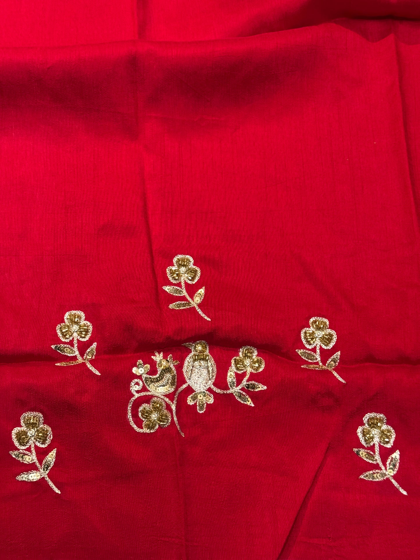 Birds and flowers - hand embroidered red silk unstitched blouse piece