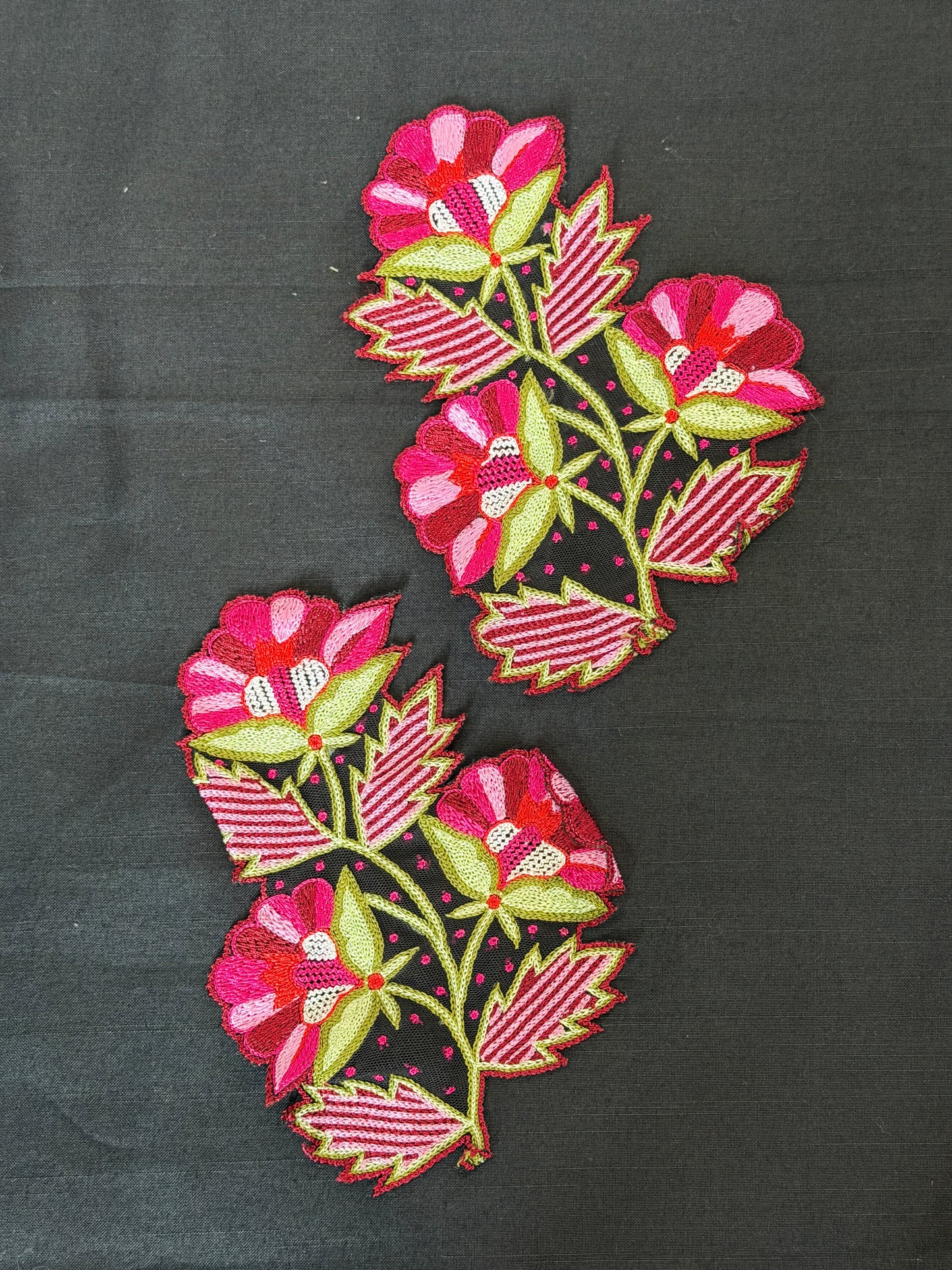 Red and pink flowers and leaves embroidered patch -