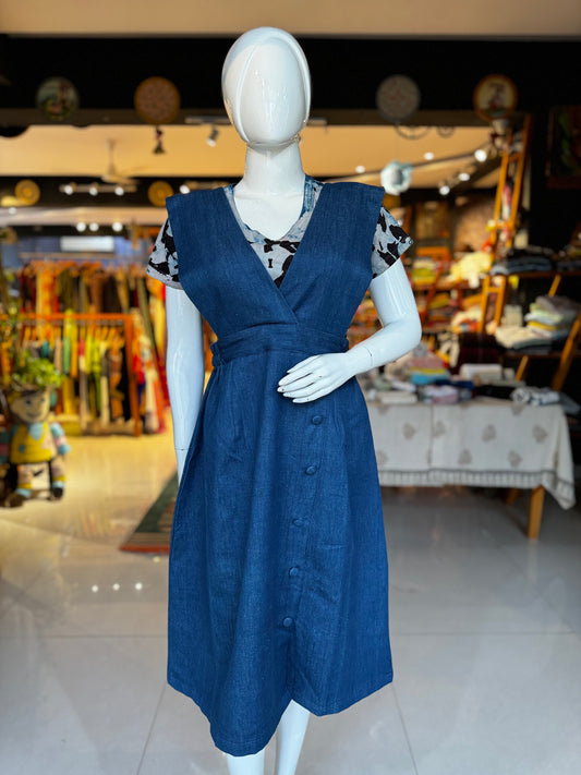 Denim pinafore dress in handloom natural dyed cotton