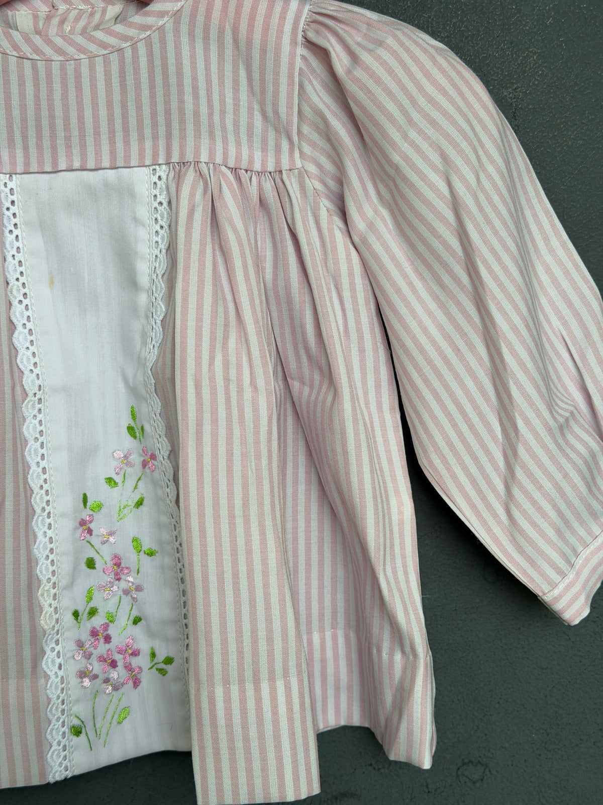 Light pink stripes cotton frock for girls with white embroidered center panel