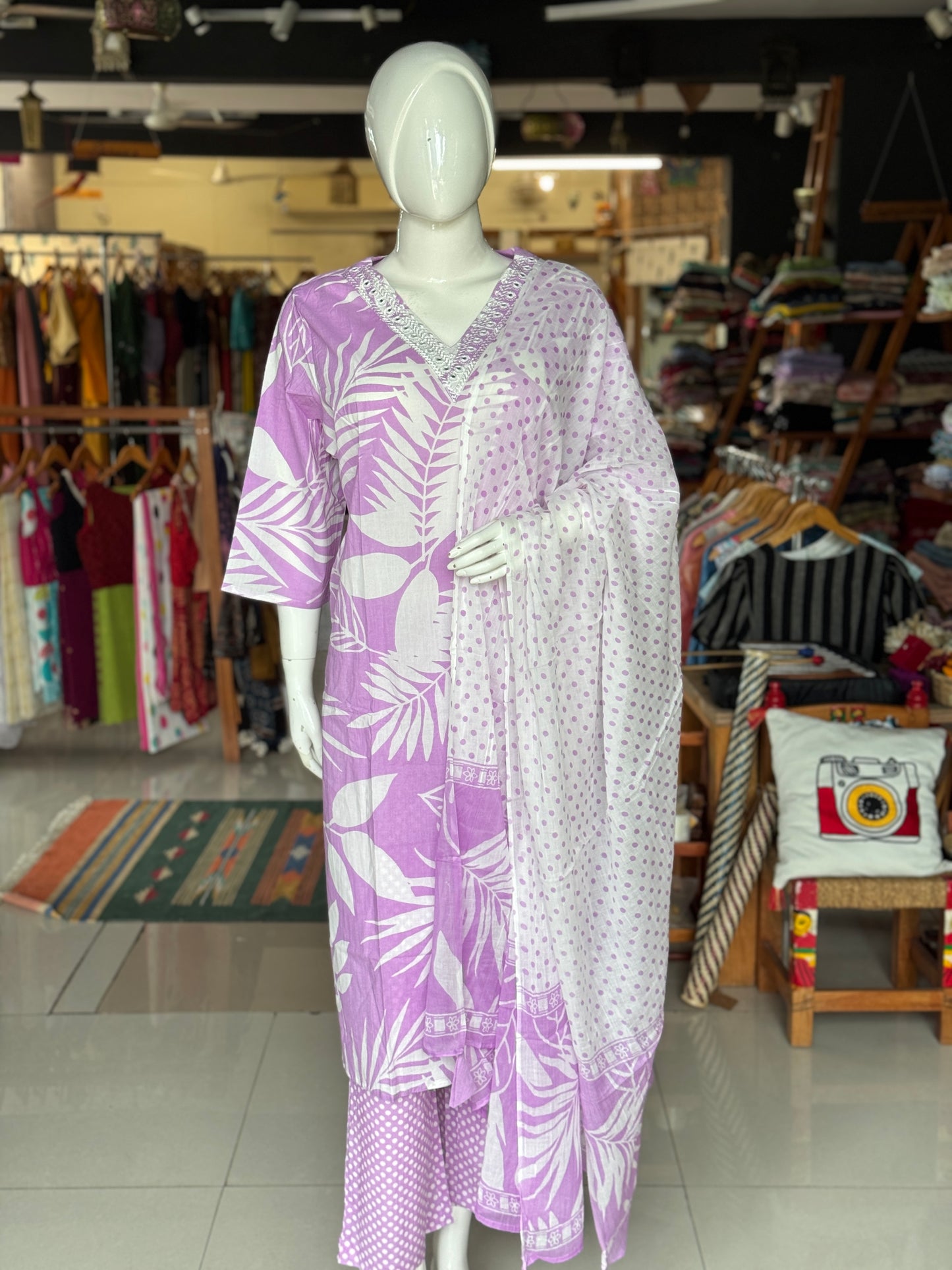 Plus size (4xl and above) cotton embroidered straight kurti, pants and dupatta - 3 piece suit set - multiple colors available