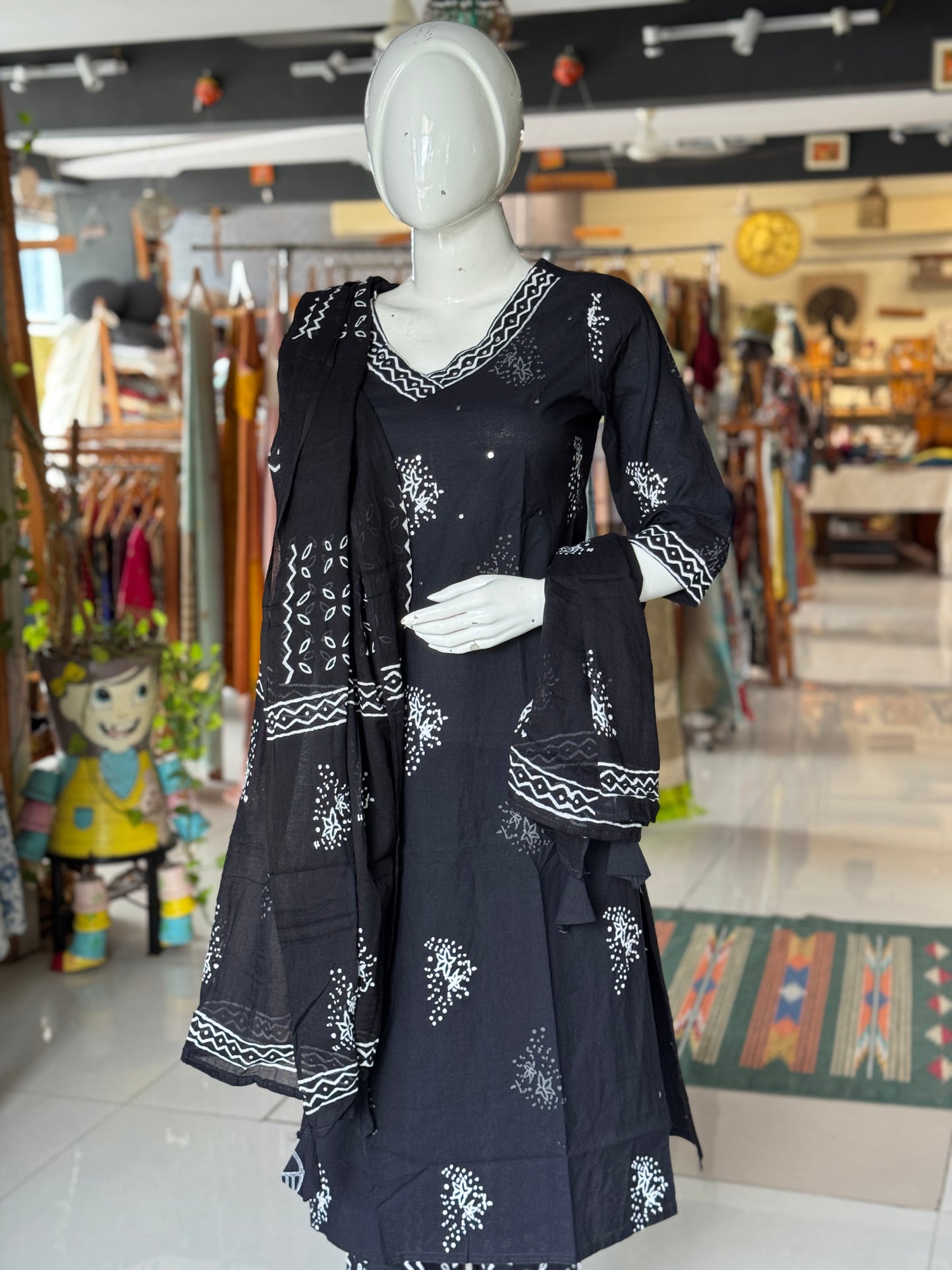 Black cotton 3 piece hand block printed set - straight kurti, pants and dupatta