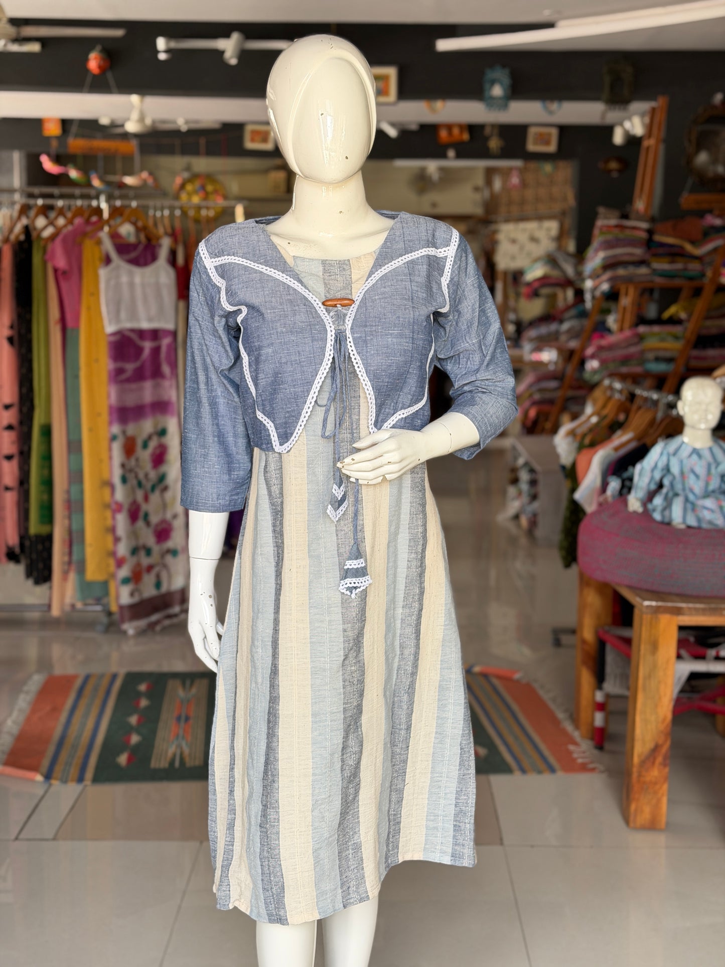 Indigo Blue handwoven cotton tie front butterfly design short shrug / jacket